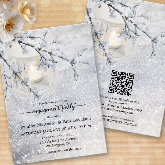 Invitation Sparkings neige hiver QR Code engagement Partie