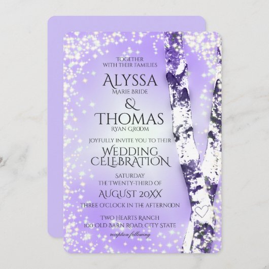 Invitation Sparkle Birch Mariage Violet (Devant / Derrière)