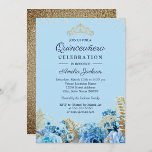 Invitation Sparkle Blue Gold Parties scintillant florale Quin