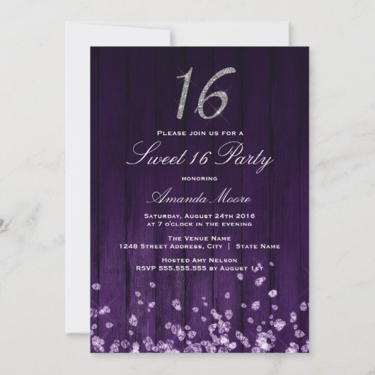Invitation Sparkle Diamond Violet Argent Sweet 16 (Devant)