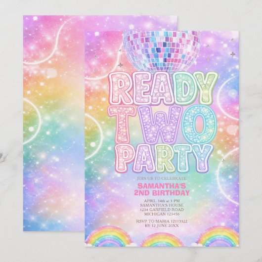 Invitation Sparkle Disco Ball Pastel Rainbow Second Birthday  (Devant / Derrière)