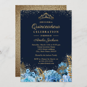 Invitation Sparkle Gold Blue Parties scintillant florale Quin