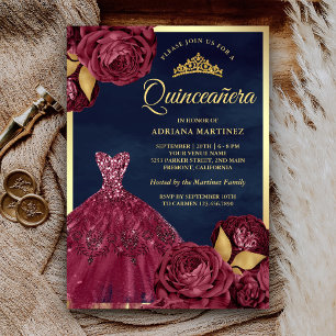 Invitation Sparkle Gown Bourgogne Floral Navy Gold Quinceaner