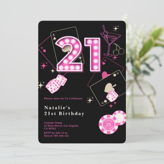 Invitation Sparkle Hot Pink Casino Dice & Chips 21e anniversa (Debout devant)