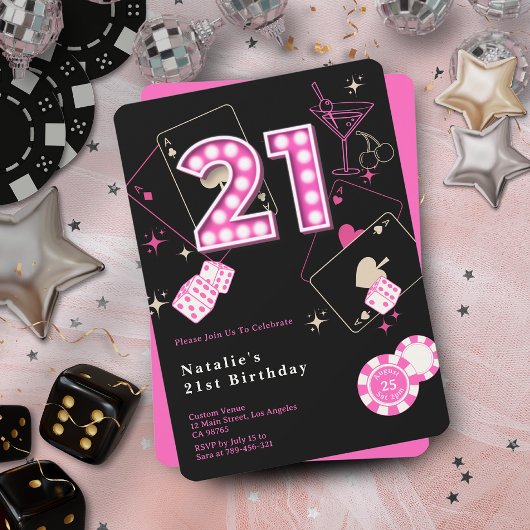Invitation Sparkle Hot Pink Casino Dice & Chips 21e anniversa