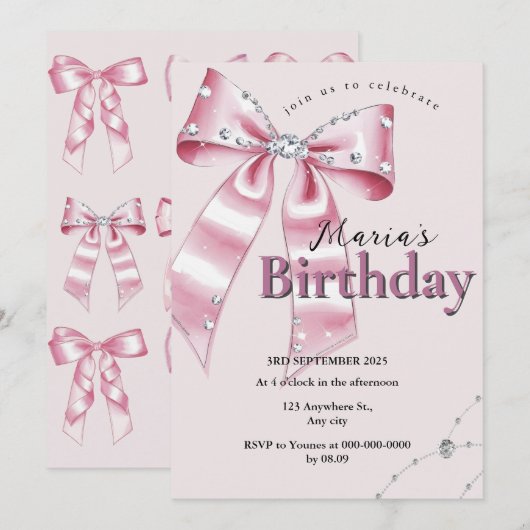 Invitation Sparkle Pink Coquette Bow 1st (Devant / Derrière)