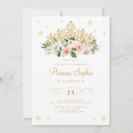 Invitation Sparkle Princess Floral Tiara Anniversaire (Devant)