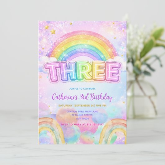 Invitation Sparkle Rainbow 3rd Birthday Party (Debout devant)