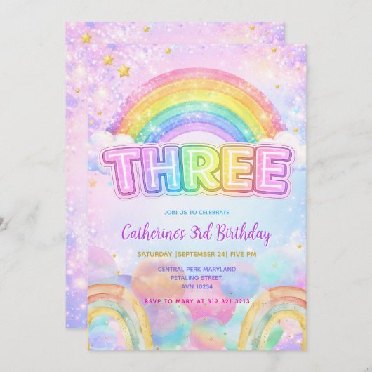 Invitation Sparkle Rainbow 3rd Birthday Party (Devant / Derrière)