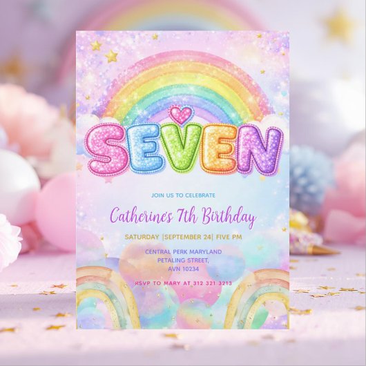 Invitation Sparkle Rainbow 7th Birthday Party