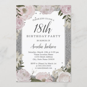 Invitation Sparkle Rose Argent Floral 18e Anniversaire