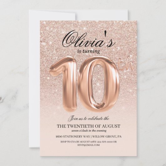Invitation Sparkle Rose Gold Parties scintillant Ombre 10e an (Devant)