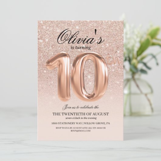 Invitation Sparkle Rose Gold Parties scintillant Ombre 10e an (Debout devant)