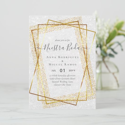 Invitation Sparkle Silver Nuestra Boda Bilingue (Debout devant)