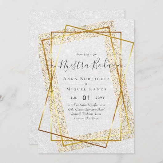 Invitation Sparkle Silver Nuestra Boda Bilingue (Devant / Derrière)