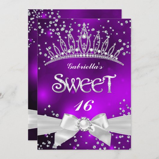 Invitation Sparkle Tiara Sweet 16 parti violet (Devant / Derrière)