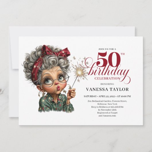 Invitation Sparkling 50th party funny woman quirky invite (Devant)