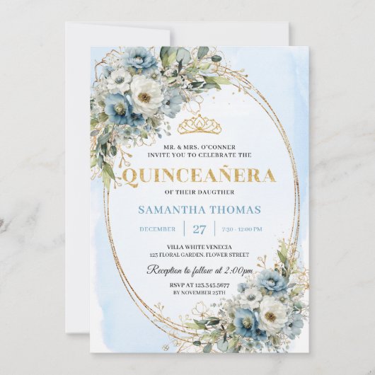 Invitation Sparkling Dusty Blue Gold Greenery 15th Birthday (Devant)
