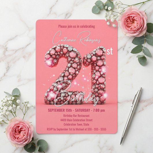 Invitation Sparkling Pink and Silver Gemstones 21st Birthday