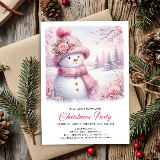 Invitation Sparkling Pink Snowman Kids Christmas Invite Digit