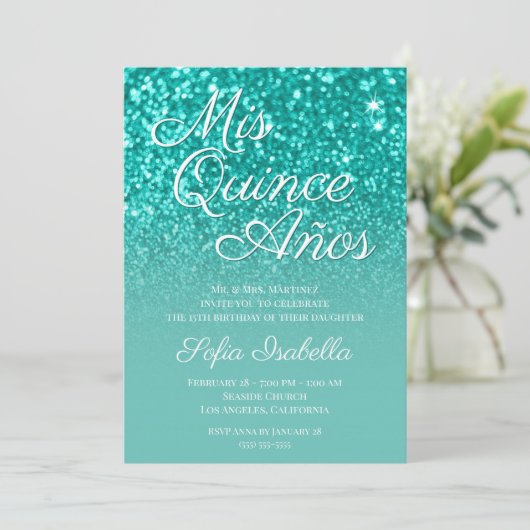 Invitation Sparkly Bokeh Parties scintillant Turquoise Ombre  (Debout devant)