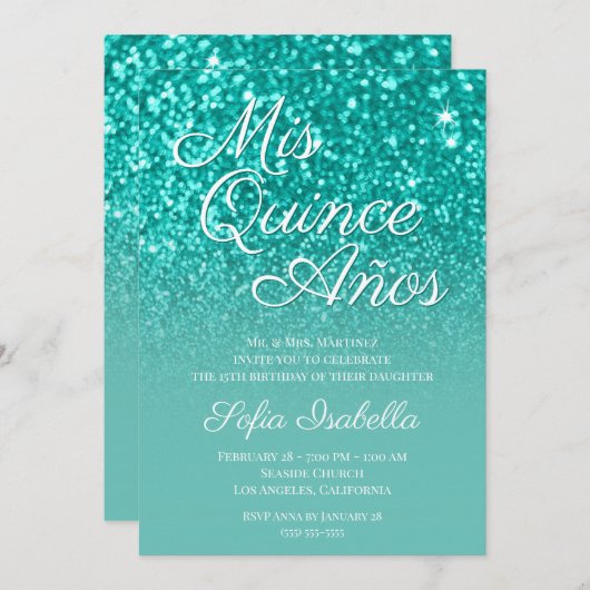 Invitation Sparkly Bokeh Parties scintillant Turquoise Ombre  (Devant / Derrière)