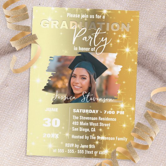 Invitation Sparkly Chic Gold Metallic Photo Graduation Party