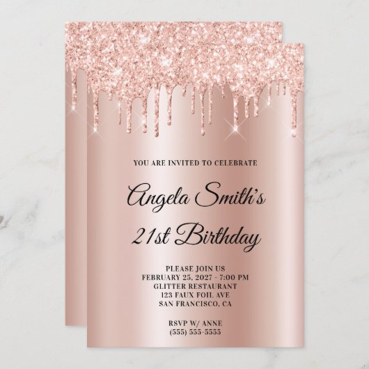 Invitation Sparkly Glittery Drips Rose Gold Ombre (Devant / Derrière)