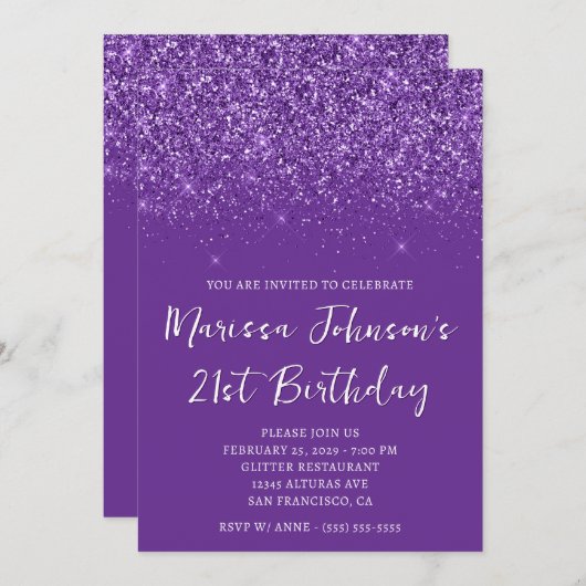 Invitation Sparkly Glittery Royal Purple 21e anniversaire (Devant / Derrière)