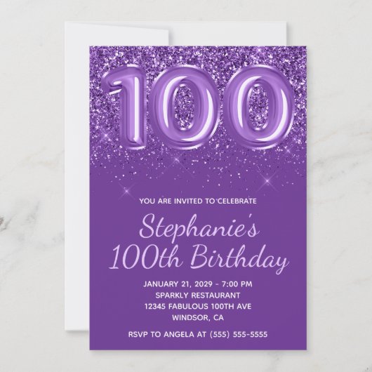 Invitation Sparkly Glittery Royal Purple Numéro 100 Anniversa (Devant)