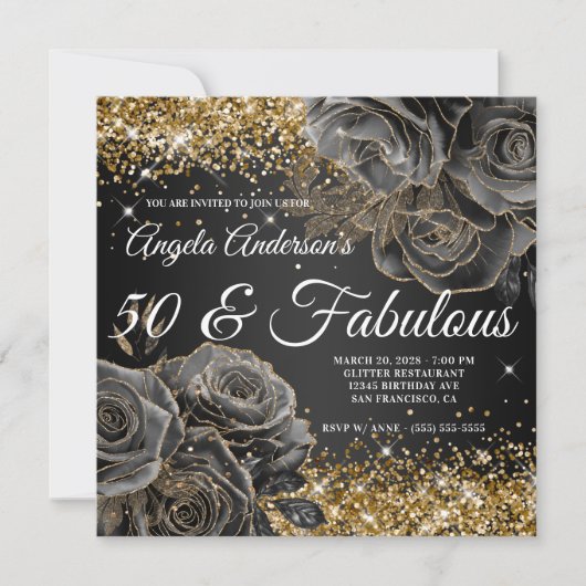 Invitation Sparkly Gold Parties scintillant Black Rose Glam 5 (Devant)