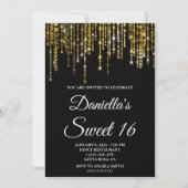 Invitation Sparkly Gold String Lights Black Sweet 16 (Devant)
