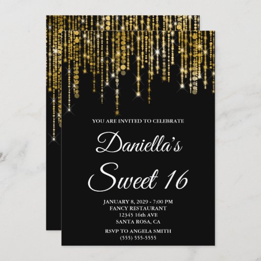 Invitation Sparkly Gold String Lights Black Sweet 16 (Devant / Derrière)