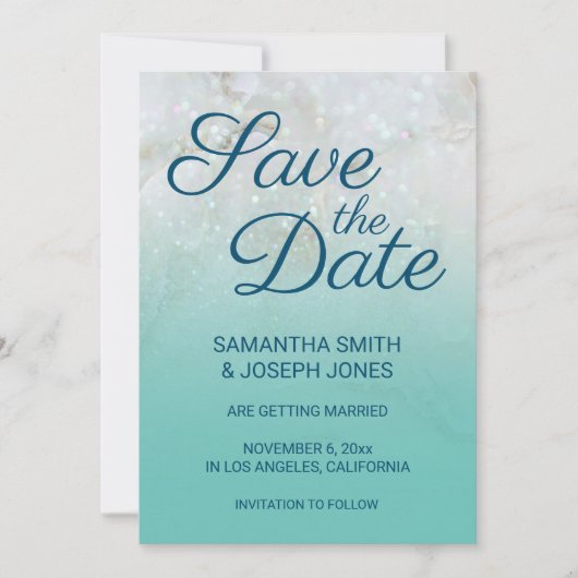 Invitation Sparkly Marble Turquoise Ombre Enregistrer la date (Devant)