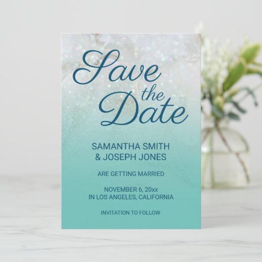Invitation Sparkly Marble Turquoise Ombre Enregistrer la date (Debout devant)