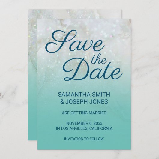 Invitation Sparkly Marble Turquoise Ombre Enregistrer la date (Devant / Derrière)