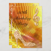 Invitation Sparkly Orange Music Note & Stiletto 50e anniversa (Devant / Derrière)