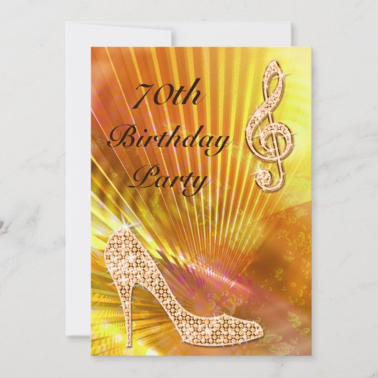 Invitation Sparkly Orange Music Note & Stiletto 70e anniversa (Devant)