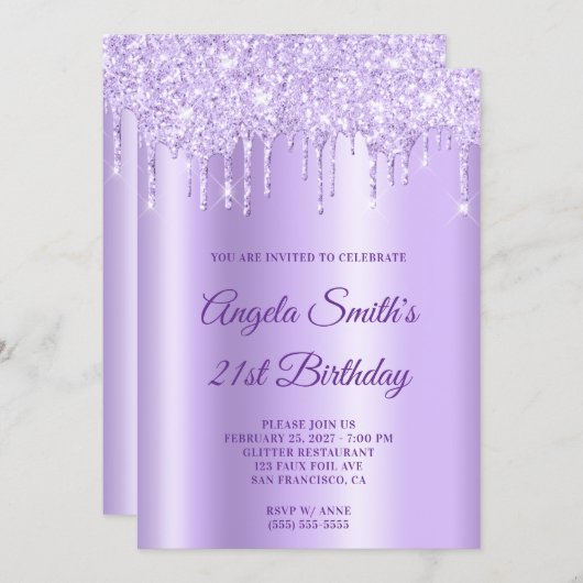 Invitation Sparkly Pale Purple Glitter Drips Lavender Ombre (Devant / Derrière)