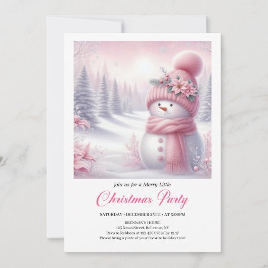Invitation Sparkly Pink Snowman Editable Christmas Invite  (Devant)