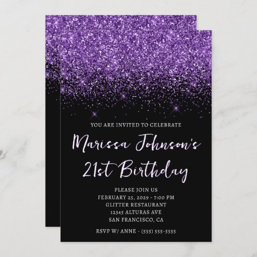 Invitation Sparkly Royal Purple Parties scintillant Noir 21e  (Devant / Derrière)
