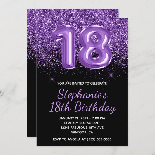 Invitation Sparkly Royal Purple Parties scintillant Noir Numé (Devant / Derrière)