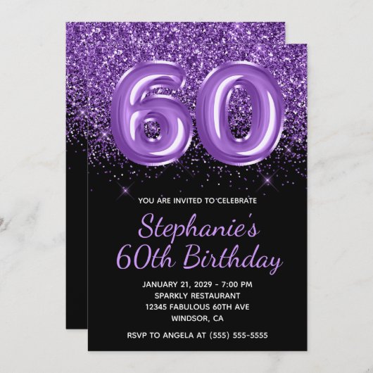 Invitation Sparkly Royal Purple Parties scintillant Noir Numé (Devant / Derrière)