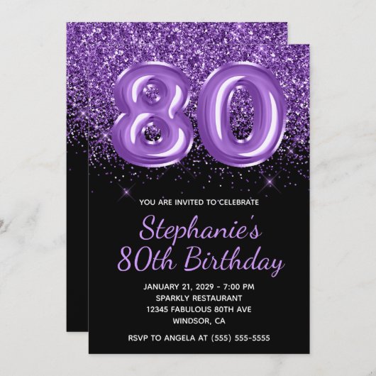 Invitation Sparkly Royal Purple Parties scintillant noir Numé (Devant / Derrière)