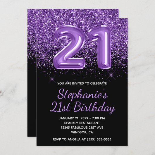 Invitation Sparkly Royal Purple Parties scintillant Noir Numé (Devant / Derrière)