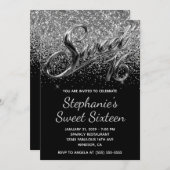 Invitation Sparkly Silver Glitter Black Chrome Sweet 16 (Devant / Derrière)