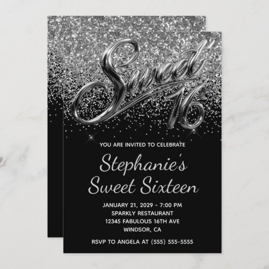 Invitation Sparkly Silver Glitter Black Chrome Sweet 16 (Devant / Derrière)