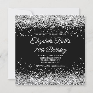 Invitation Sparkly Silver Glitter Black Color 70th Birthday