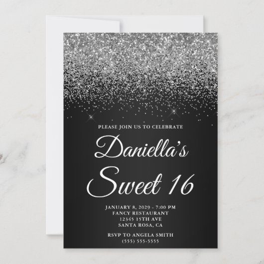 Invitation Sparkly Silver Glitter Black Gradient Sweet 16 (Devant)