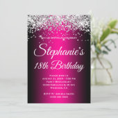 Invitation Sparkly Silver Glitter Black Magenta 18th Birthday (Debout devant)